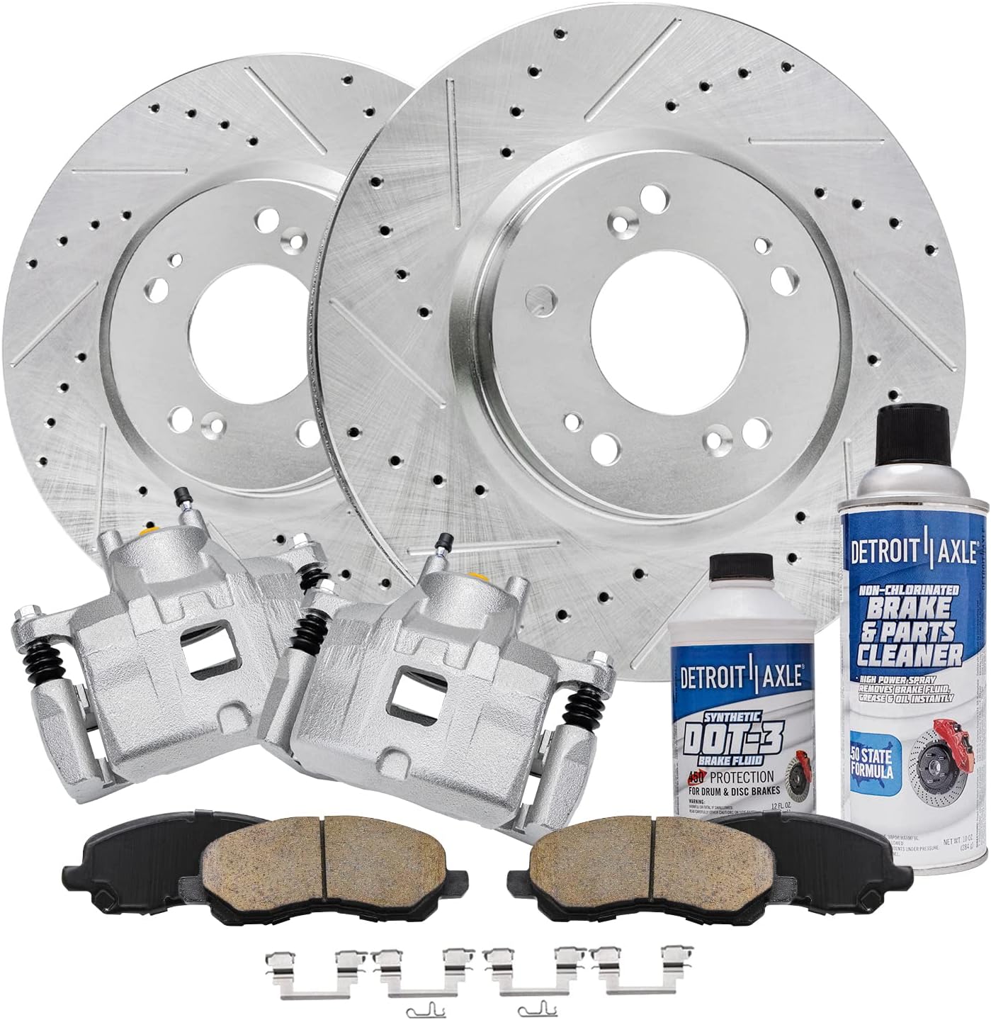 Detroit Axle - Front Brake Kit for Chrysler 200 Sebring Dodge Caliber Avenger Jeep Patriot Compass Drilled & Slotted Brake Rotors Ceramic Brake Pads Brake Calipers Replacement [11.57 inch Rotors]