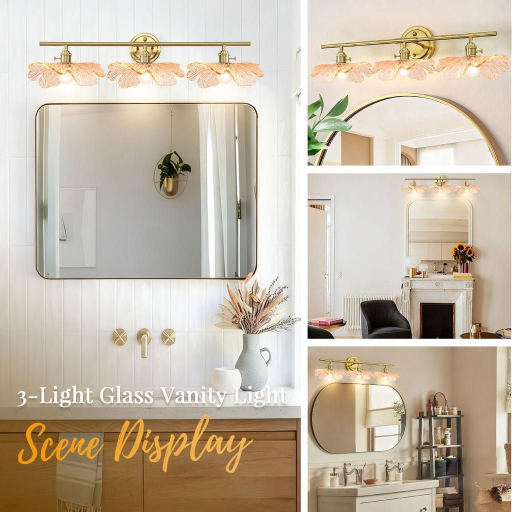 Gold Brass Bathroom Lighting Fixtures 3 Light Vintage Retro Wall Mount Light with Amber Flower Petal Glass Shade, Mid Century Vanity Lights Over Mirror for Living Room Hallway