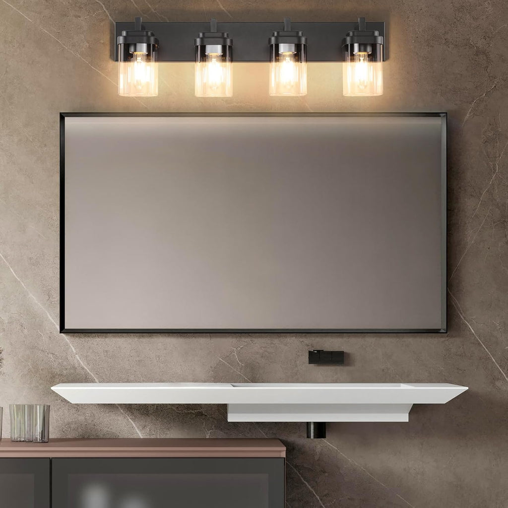 4-Light Vanity Light Fixture, Bathroom Wall Sconces, Bathroom Vanity Lighting Over Mirror | Square Clear Glass Shade | Bulbs Not Included | E26 Socket | Black