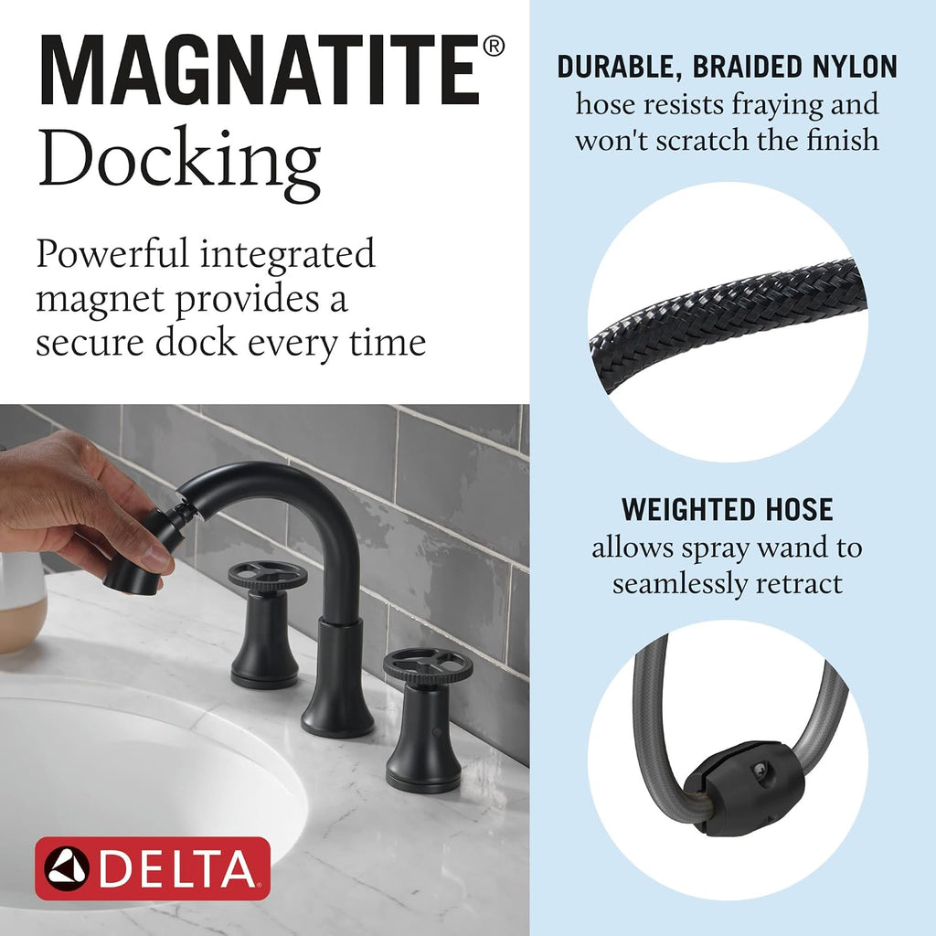 Delta Faucet Trinsic Pull Down Bathroom Faucet, Bathroom Pull Out Faucet, Black Widespread Bathroom Faucet 3 Hole Pull Down Sprayer, Bathroom Sink Faucet Magnetic Docking, Matte Black 3558-BLPD-DST