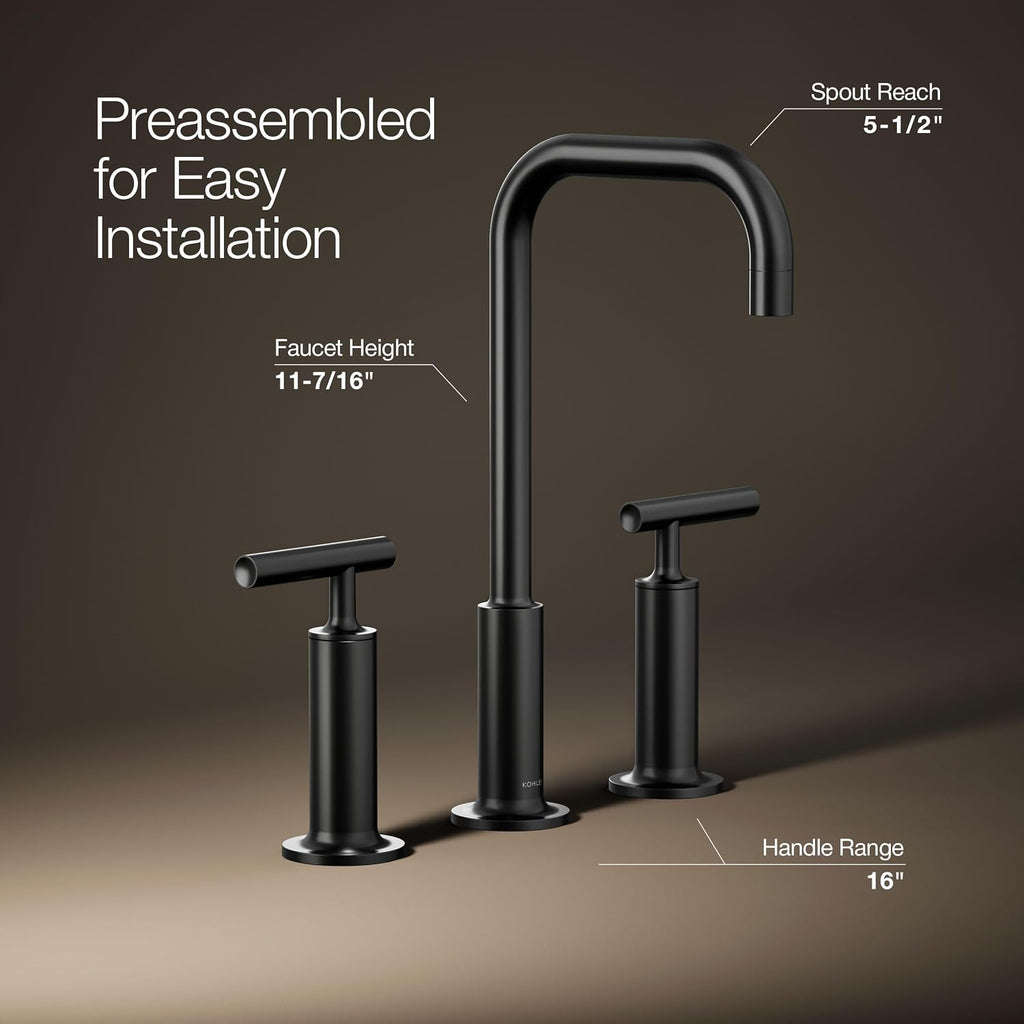 KOHLER K-14408-4-BL Purist® Widespread Bathroom Sink Faucet, 3-Hole, Widespread High Lever Handles and High Gooseneck Spout, 1.2 GPM, Matte Black