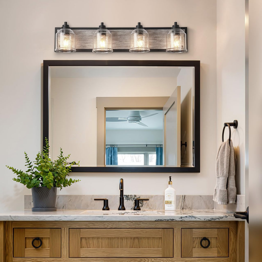 31.5 in. Large 4-Light Vanity Lights for Bathroom, Farmhouse Rustic Bathroom Lighting Fixtures Over Mirror with Bubble Glass Shades, Gray Wood-Look Metal Bath Wall Sconce Home Decor