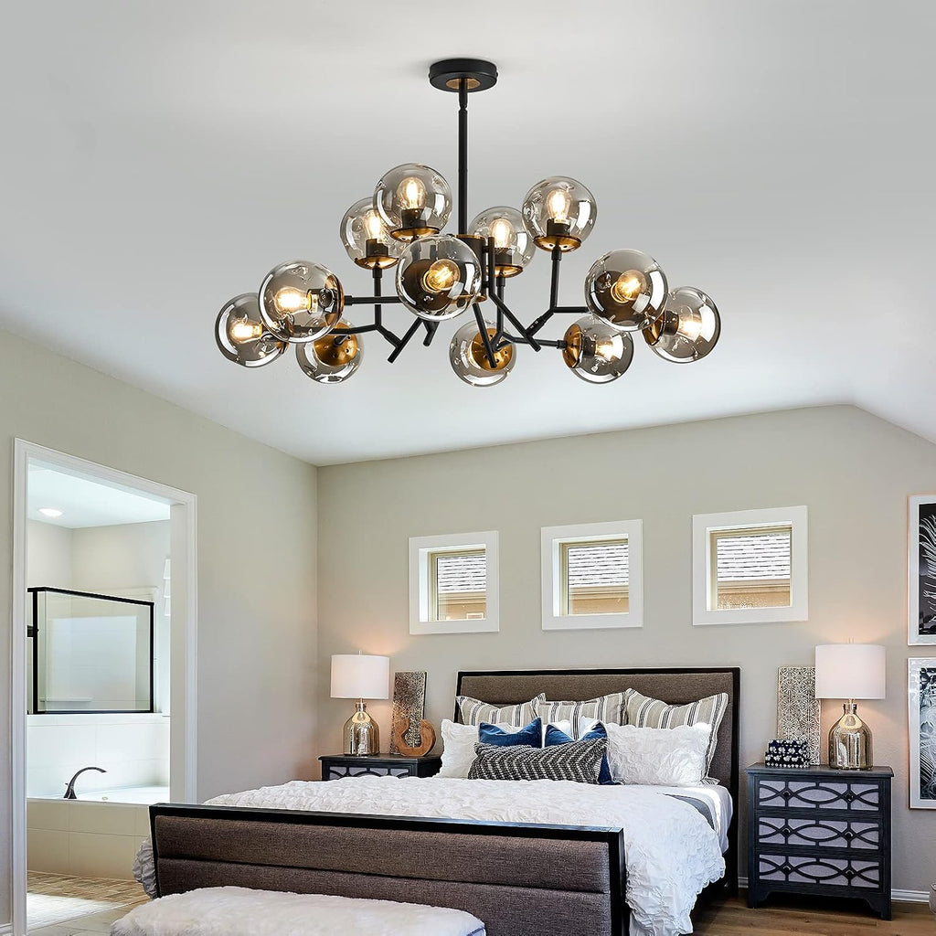 UOFUS 12-Light Glass Globe Sputnik Chandelier Mid-Century Modern Matte Black and Gold Ceiling Light Fixture Vintage Hanging Pendant Light for Bedroom Living Room Kitchen Farmhouse Dining Room