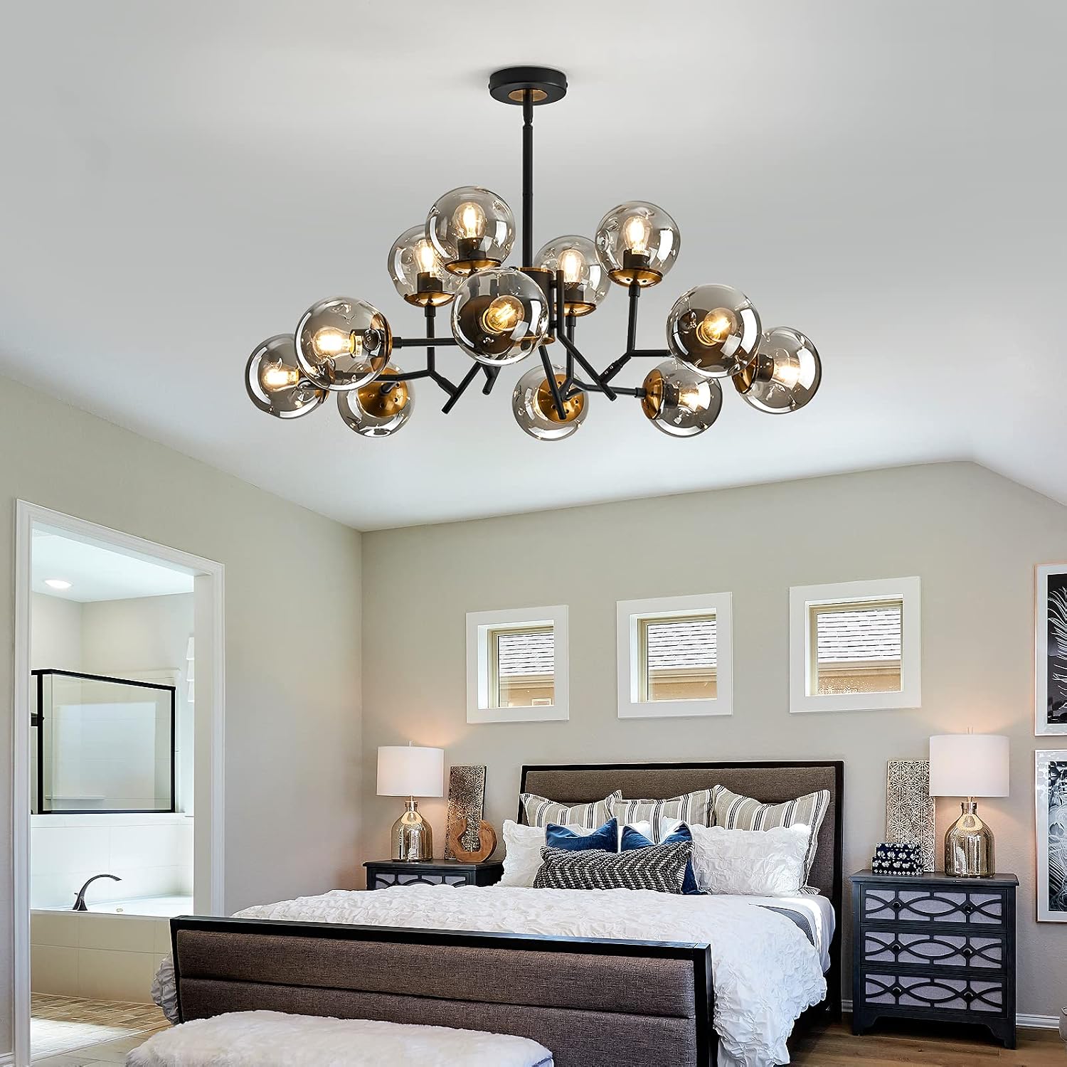 UOFUS 12-Light Glass Globe Sputnik Chandelier Mid-Century Modern Matte Black and Gold Ceiling Light Fixture Vintage Hanging Pendant Light for Bedroom Living Room Kitchen Farmhouse Dining Room