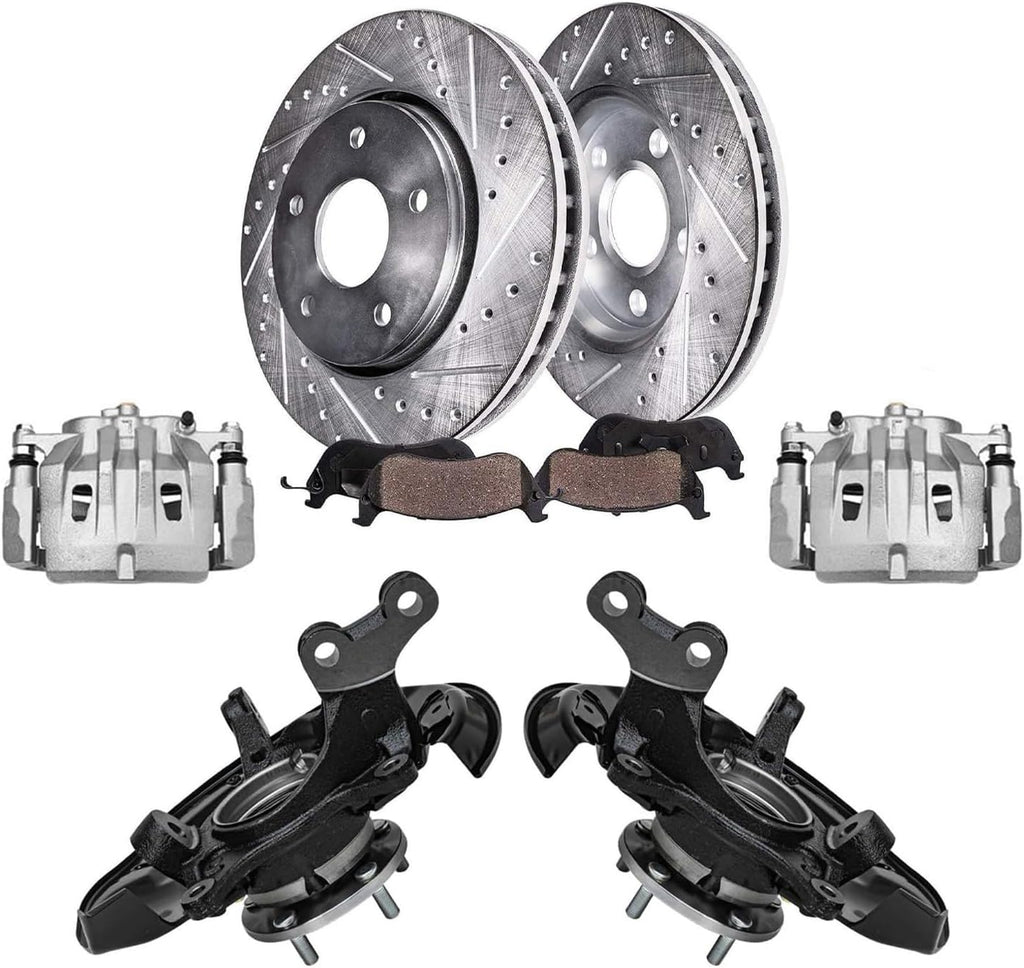 Detroit Axle - Front Brake Kit for Lexus RX350 RX450h Toyota Highlander, Steering Knuckles & Wheel Bearing Hubs Drilled & Slotted Brake Rotors Ceramic Brake Pads Disc Brake Calipers Replacement