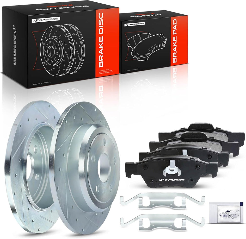 A-Premium 12.99 inch (330mm) Rear Drilled and Slotted Disc Brake Rotors + Ceramic Pads Kit Compatible with Select Dodge and Jeep Models - Durango/Grand Cherokee 2011-2020, 6-PC Set