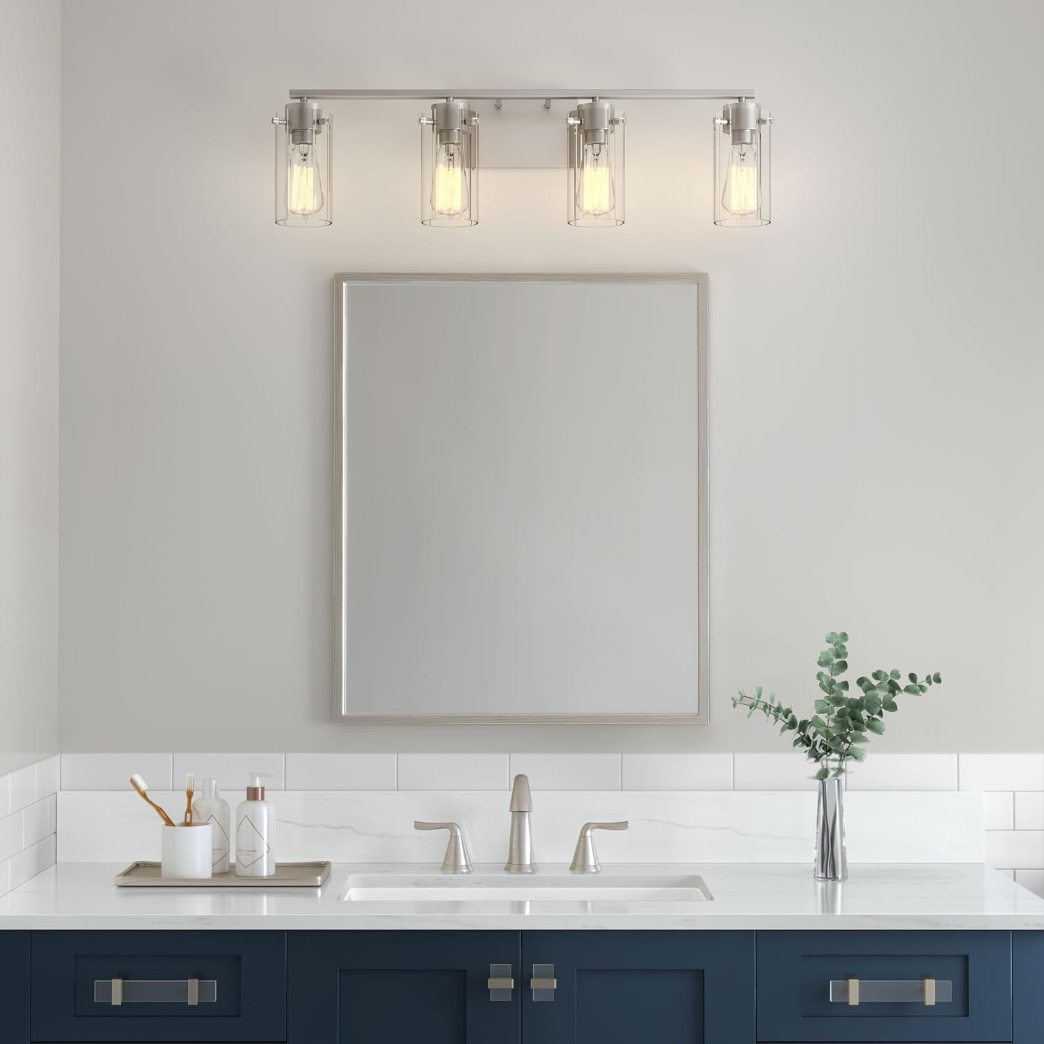 ML Lighting | Serena Collection | 10304-BN | 4 Light Vanity in Brushed Nickel Finish with Clear Ribbed Glass Shade | Versatile Design That adds High-End Texture and Elegance to Your Bathroom