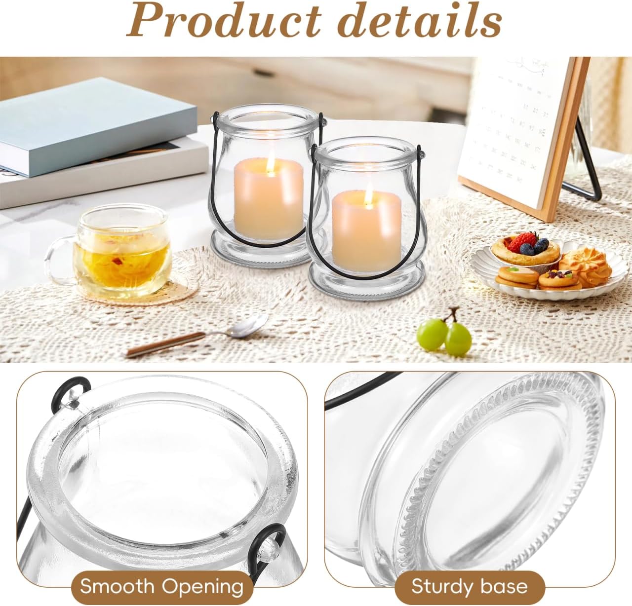 Cabilock Glass Candle Holders 4 Inch Tea Light Candle Stands with Handles Multipurpose Indoor Outdoor Decor Sticks Holder for Home Party Wedding