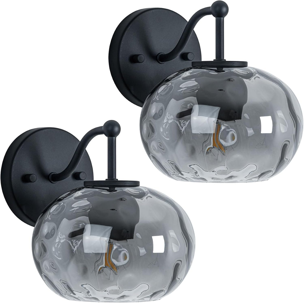 Modern Iridescent Glass Wall Sconce Matte Black Wall Light Set of 2 Hammered Smoked Glass Vanity Light for Bedroom Hallway Living Room Stairwell Bathroom Over Mirror