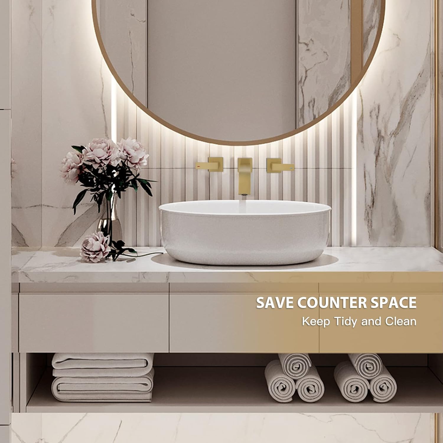 Brass Wall Mount Bathroom Faucet,Brushed Gold Wall Mounted Vessel Sink Faucet with Dual Lever Handles,Widespread 3 Holes Wall Faucet for Vanity Lavatory Sink,Rough in Valve