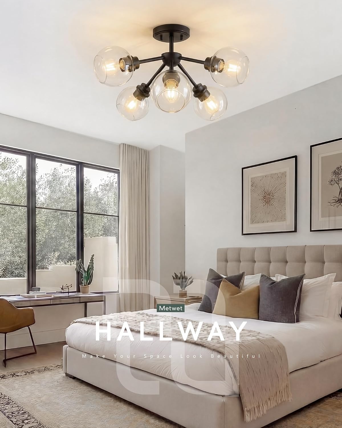 6-Light Semi Flush Mount Ceiling Light, 22' Modern Light Fixtures Ceiling Mount with Globe Clear Glass Shade, Matte Black Light Fixtures for Kitchen Entryway Bedroom, SM195-MB-6