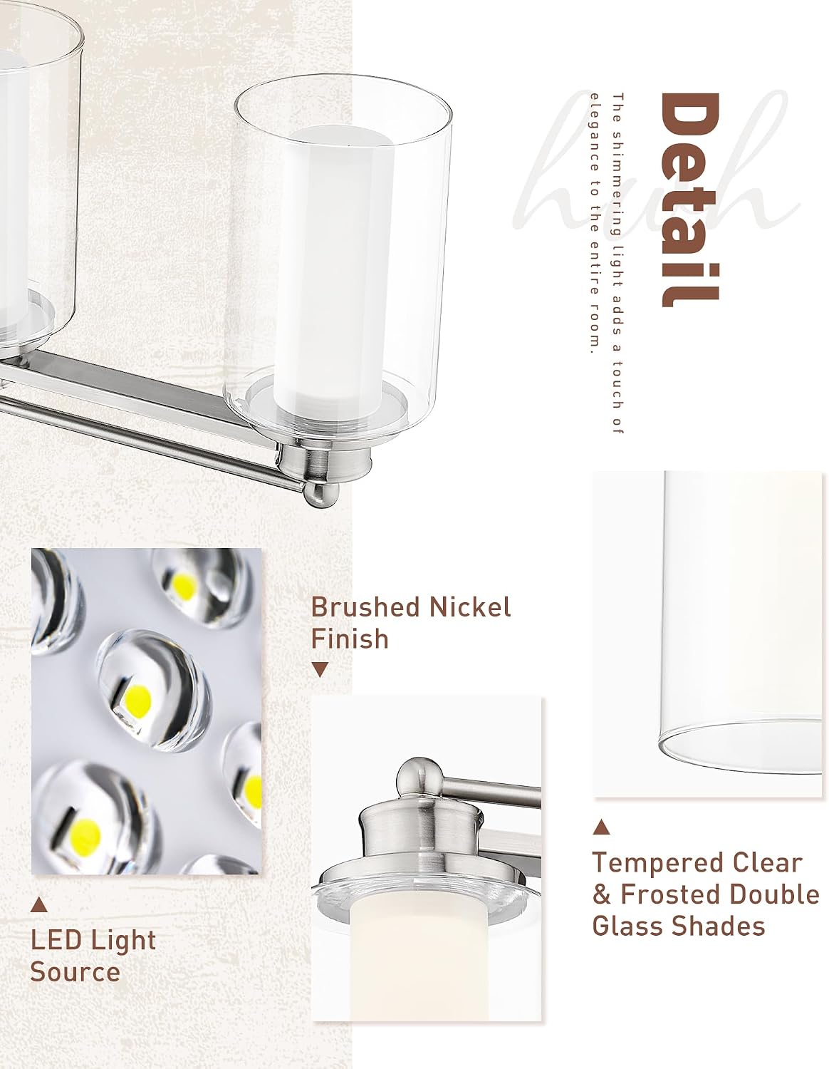 5 Light Bathroom Vanity Light, HWH Brushed Nickel Vanity Lights, Wall Mount Vanity Light Over Mirror, 30W 5CCT Dimmable LED Vanity Lights for Bathroom, 5HLT63B-5W-LED BN