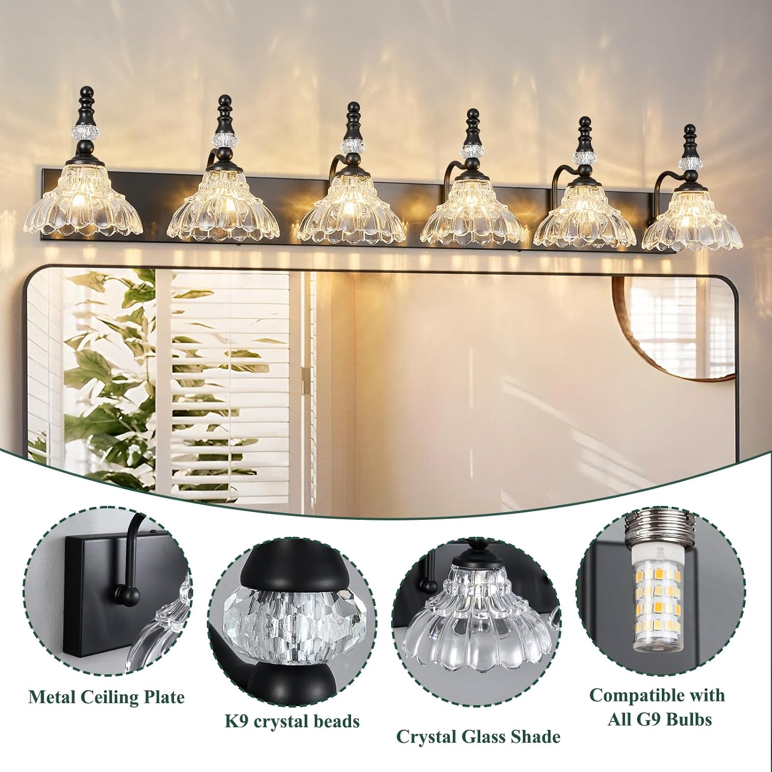 Vintage Bathroom Vanity Light, 6-Light Black Vanity Lighting Fixture with Flower Glass Shade, Bathroom Lighting Fixtures Over Mirror