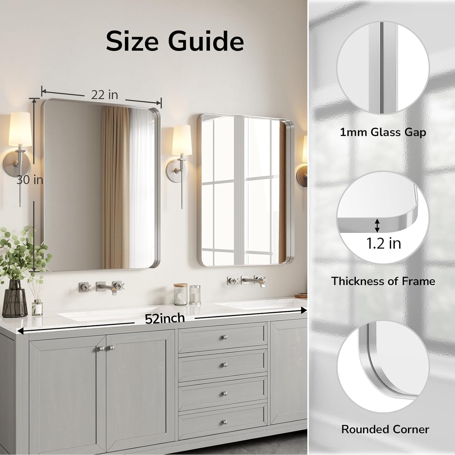 USHOWER Brushed Nickel Bathroom Mirrors 22'x30' 2 Pack, Silver Rectangle Mirrors for Over Sink, Rounded Corner, Aluminum Frame, Anti-Rust, Tempered Glass, Horizontal or Vertical Mounted