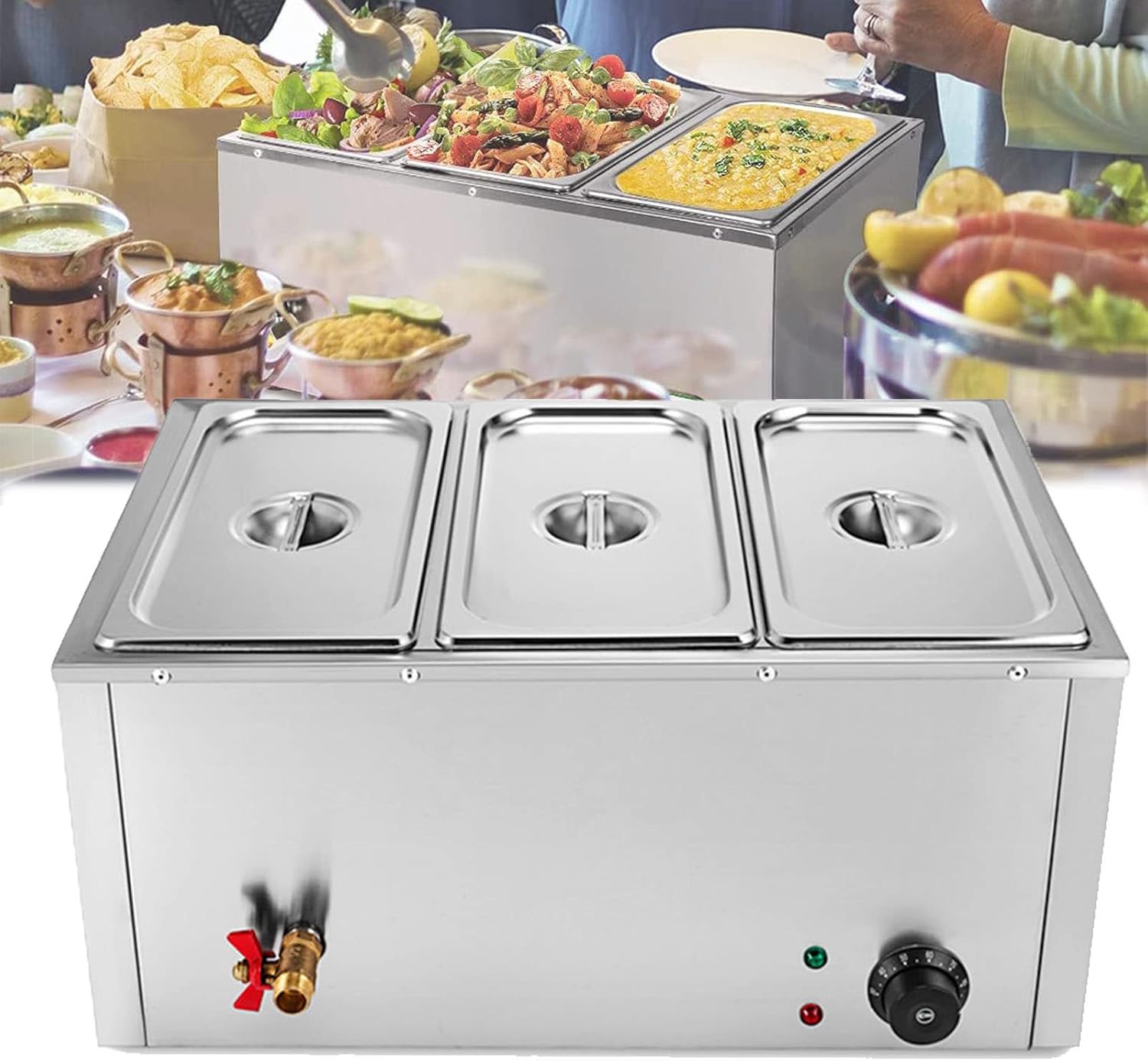 Electric Food Warmer, 3 Section Buffet Warmer and Hot Plate, Stainless Steel Electric Buffet Server, Adjustable Thermostat Commercial Countertop Food Warmer with Covers, Drain Tap for Restaurants