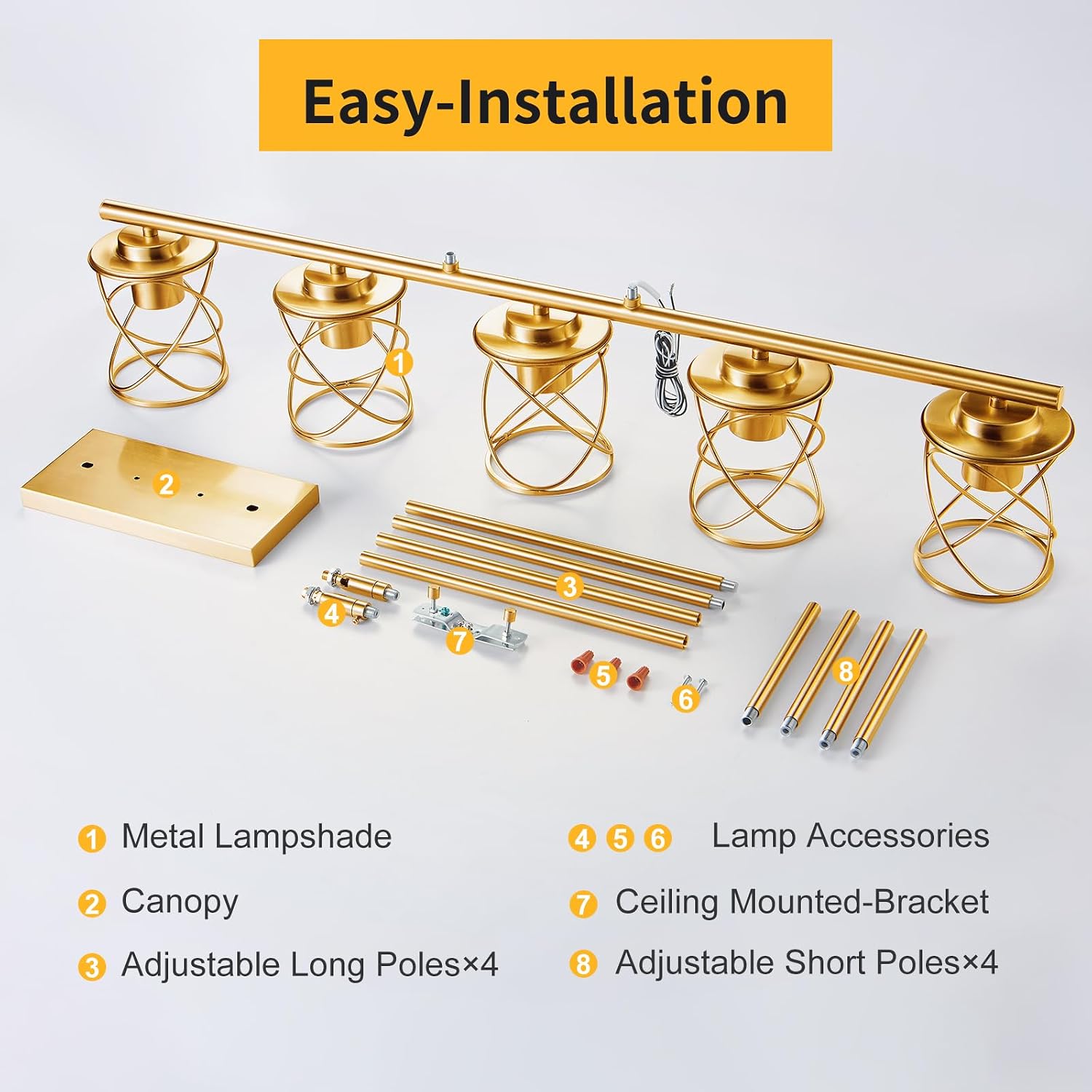 mavcadonf Kitchen Island Light, 5-Light Dining Room Lighting Fixtures Hanging, Farmhouse Linear Pendant Light for Kitchen Island Table Living Room with Adjustable Rods, Brushed Gold