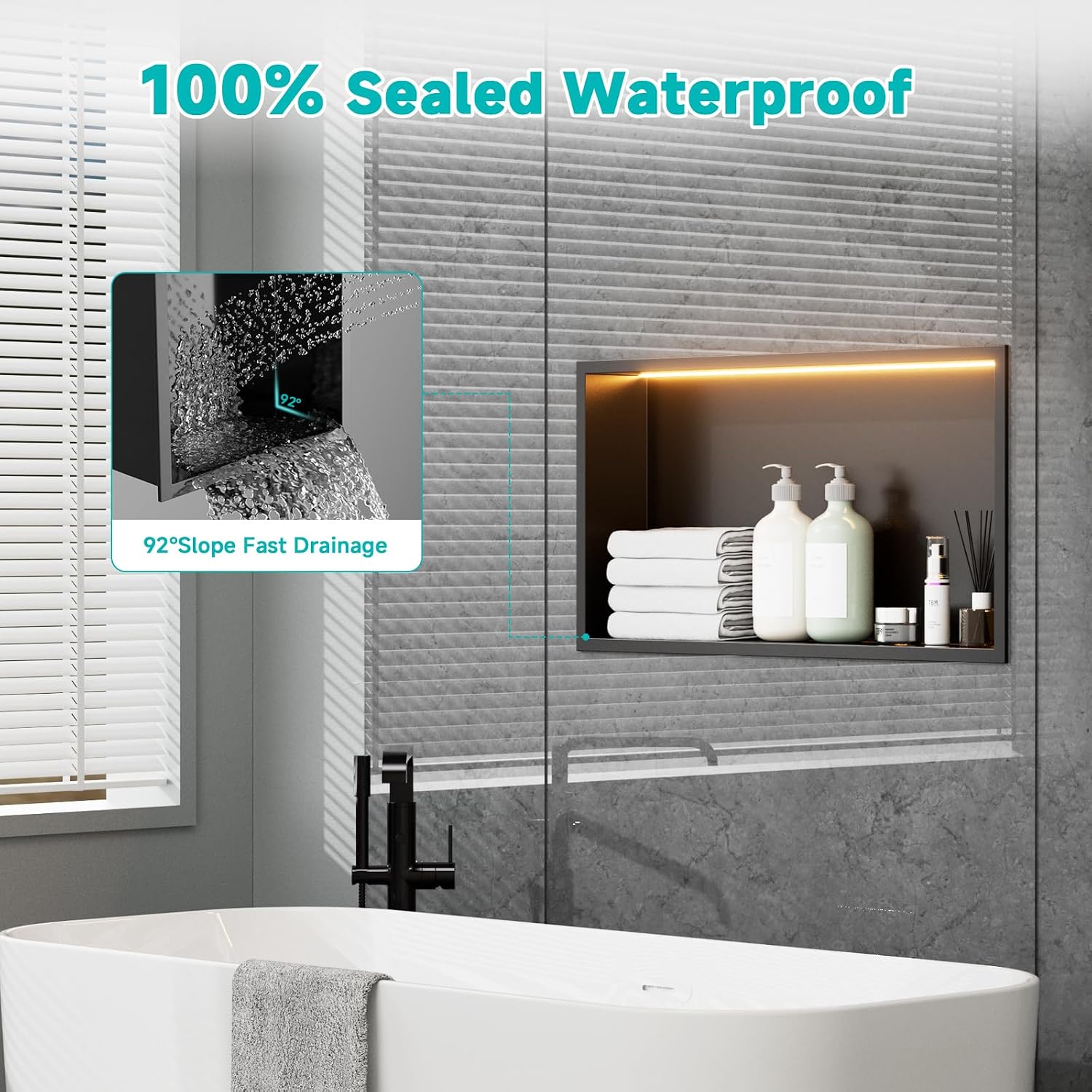 Stainless Steel 12'x24' LED Lights Shower Niche - No Tile Needed Recessed Wall Niche Waterproof for Walk in Shower Bathroom Storage, Matte Black