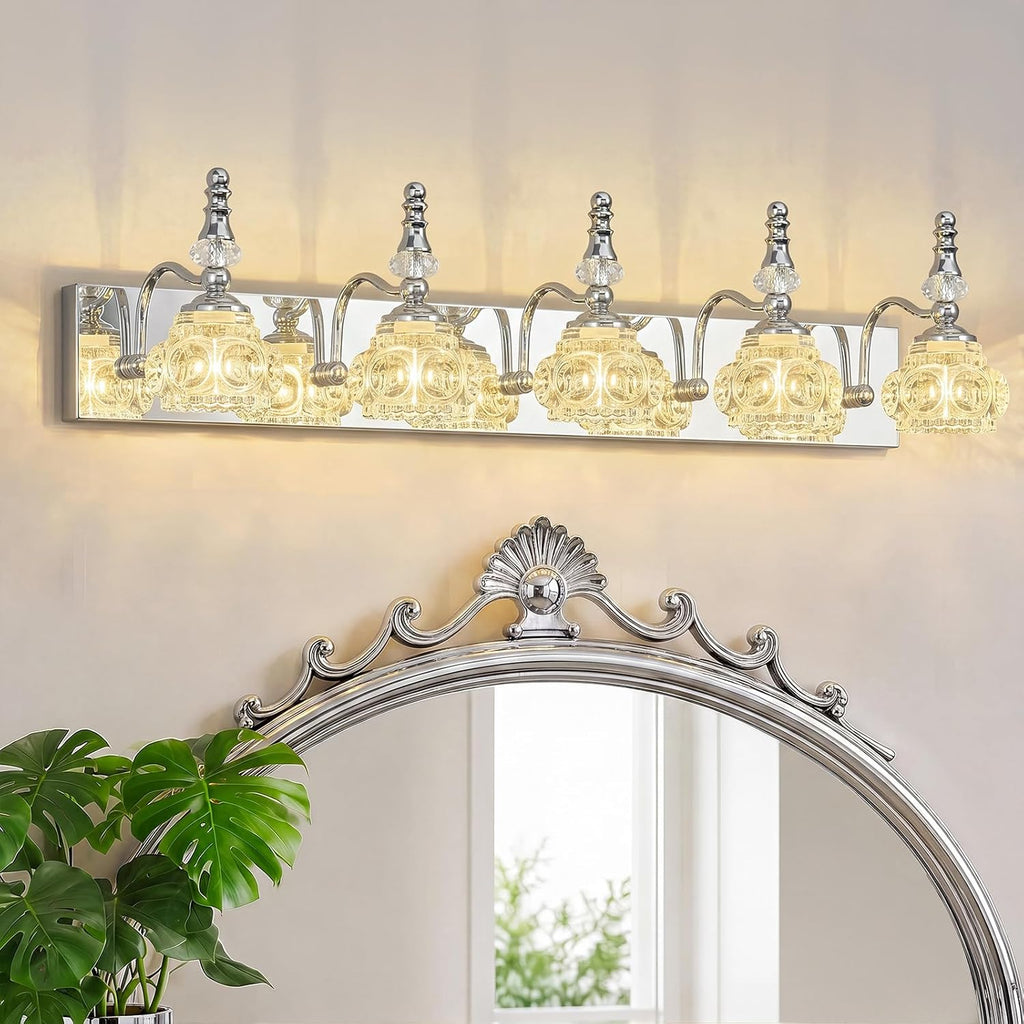 Modern Glass Crystal Vanity Light - Vintage Bathroom Lighting Fixtures Over Mirror, 5 Light Vanity Lights, G9 Bulb (35.43 Inch, Chrome)