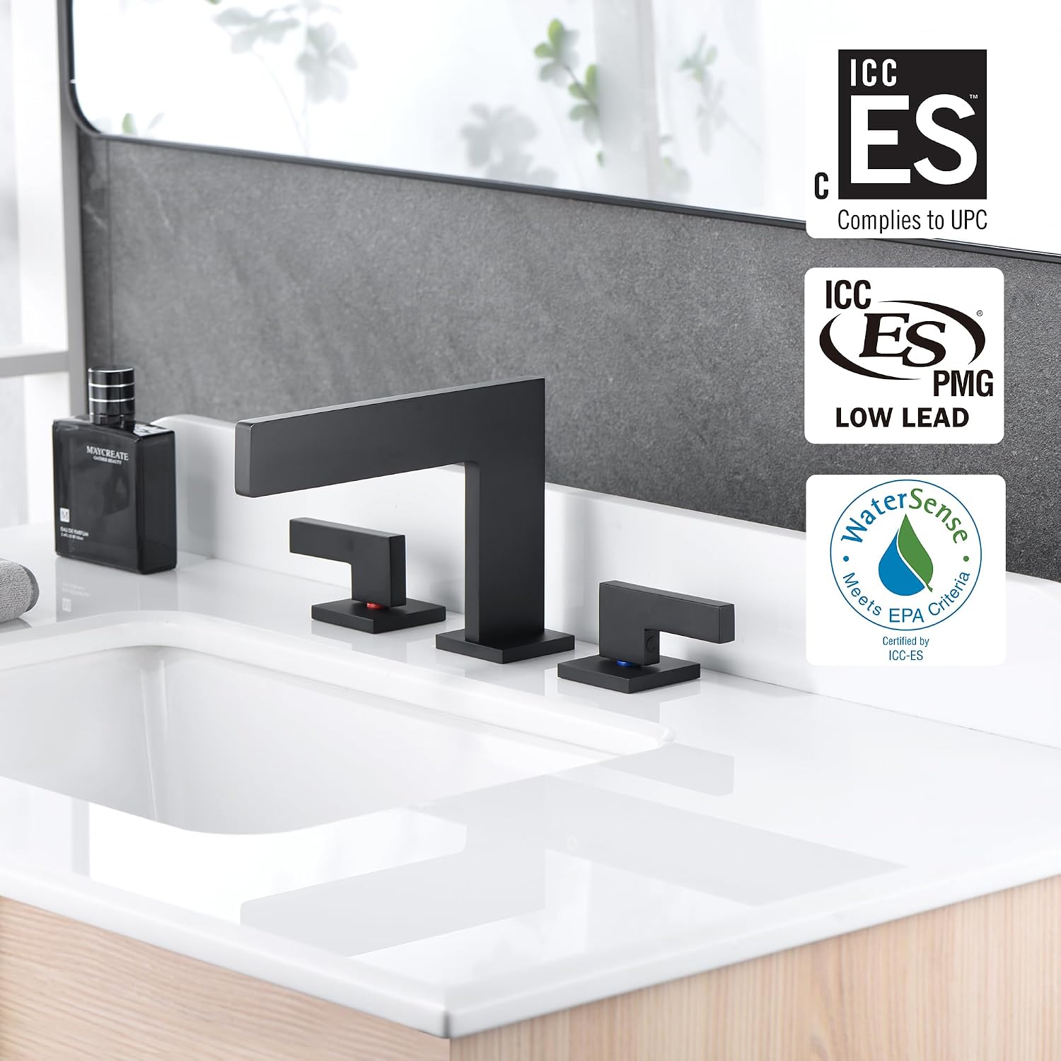 Sumerain Widespread Matte Black Waterfall Bathroom Sink Faucet 8 Inch 3 Hole Lavatory Faucet Vanity Faucet with Brass Valve