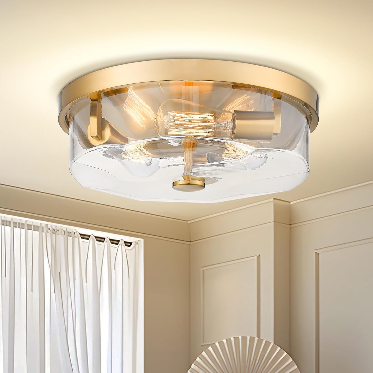 Gold Flush Mount Ceiling Light, 3-Light Hallway Light Fixtures, Modern Farmhouse Farmhouse Ceiling Light Clear Glass Brushed Gold Finish for Kitchen Porch Entryway