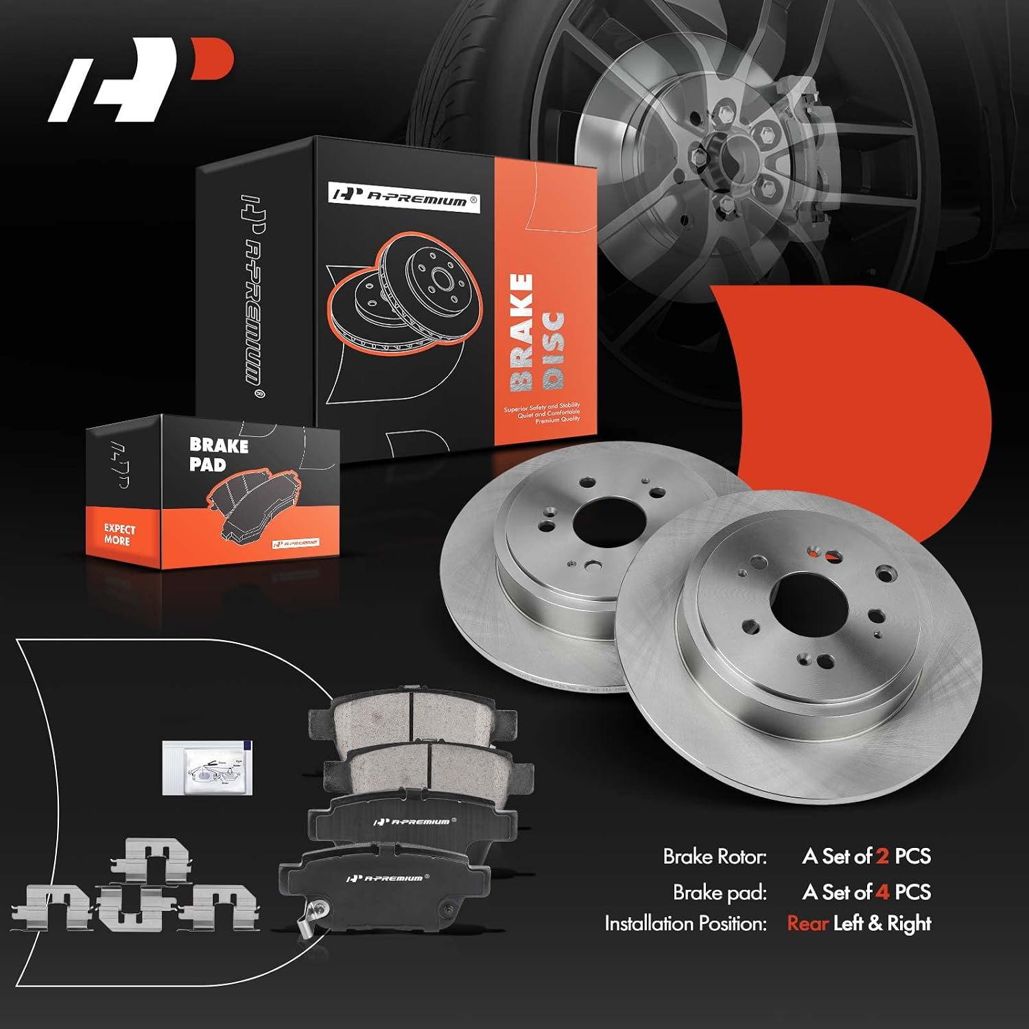 A-Premium 13.14 inch (334mm) Rear Solid Disc Brake Rotors + Ceramic Pads Kit Compatible with Select Honda Model - Ridgeline 2006-2014 V6 3.5L, 6-PC Set