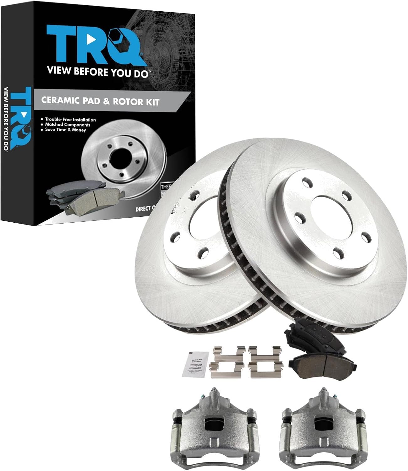 TRQ Front Brake Pad & Rotor Set Ceramic Calipers Compatible with 1997-2005 Buick LeSabre Cadillac DeVille Chevy Impala Monte Carlo 1997-2003 Oldsmobile Aurora Intrigue 2000-2003 Pontiac Bonneville