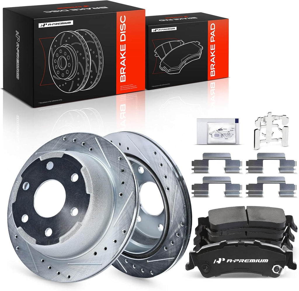 A-Premium 12.80 inch (325mm) Rear Drilled and Slotted Disc Brake Rotors + Ceramic Pads Kit Compatible with Select Chevy and GMC Models - Silverado 1500/Sierra 1500 99-06, Tahoe, Astro, Safari, Yukon