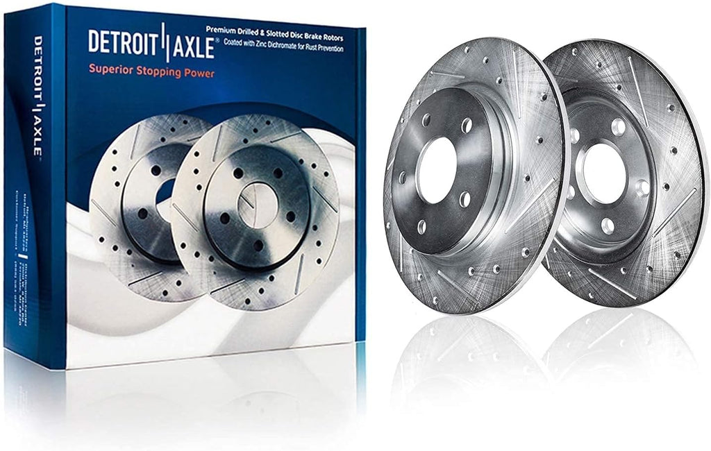 Detroit Axle - Brake Kit for 2011-2019 Ford Taurus Explorer, 2012-2019 Flex, 2011-2012 Lincoln MKS, Drilled Slotted Disc Brake Rotors Ceramic Brakes Pads: 12.80' inch Front and 12.99' Inch Rear Rotor