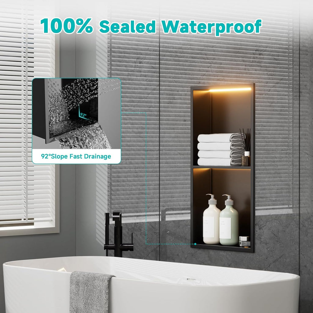 12' X 24' Stainless Steel Shower Niche with LED Lights, Matte Black Double Shelves Recessed Shower Niche No Tile Needed for Bathroom/Bedroom Storage