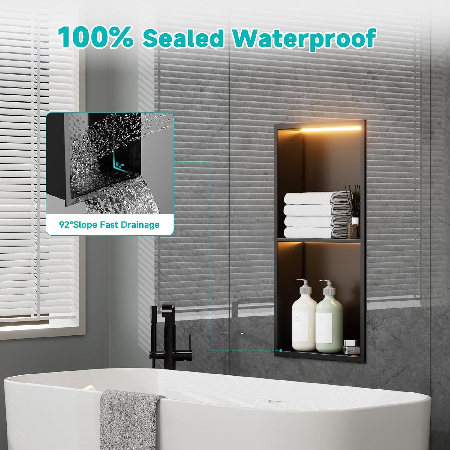12' X 24' Stainless Steel Shower Niche with LED Lights, Matte Black Double Shelves Recessed Shower Niche No Tile Needed for Bathroom/Bedroom Storage