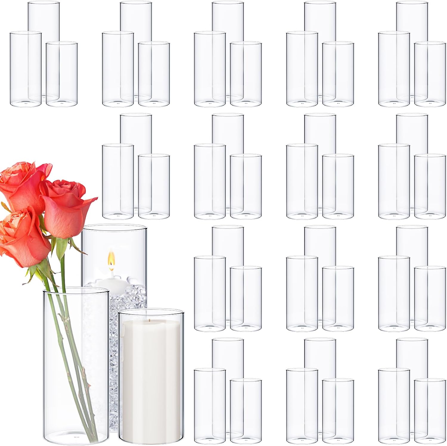 Didaey 48 Pcs Cylinder Vases Set for Centerpieces 3.4''Diameter 4/5/6/7/8/10 Inch Tall Clear Glass Vase Hurricane Floating Candle Holder for Table Decoration (6'',8'',10'' Tall)