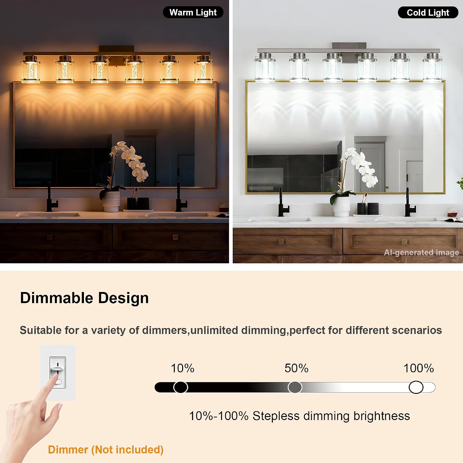 6-Light Vanity Lighting Fixture, Classic Bathroom Light Fixtures in Brushed Nickel Finish Industrial Wall Sconces Lamp with Clear Glass Shade and Bubble Bulb for Mirror