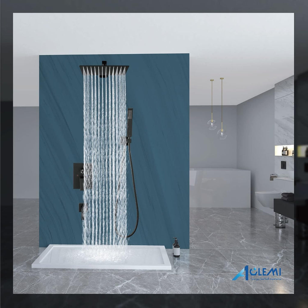 Aolemi Rainfall Shower System Shower Head Combo Set with Tub Filler Handheld Shower Luxury Rough-in Valve Included Wall Mount Bathroom Shower Mixer Faucet 10 Inch Shower Head Matte Black