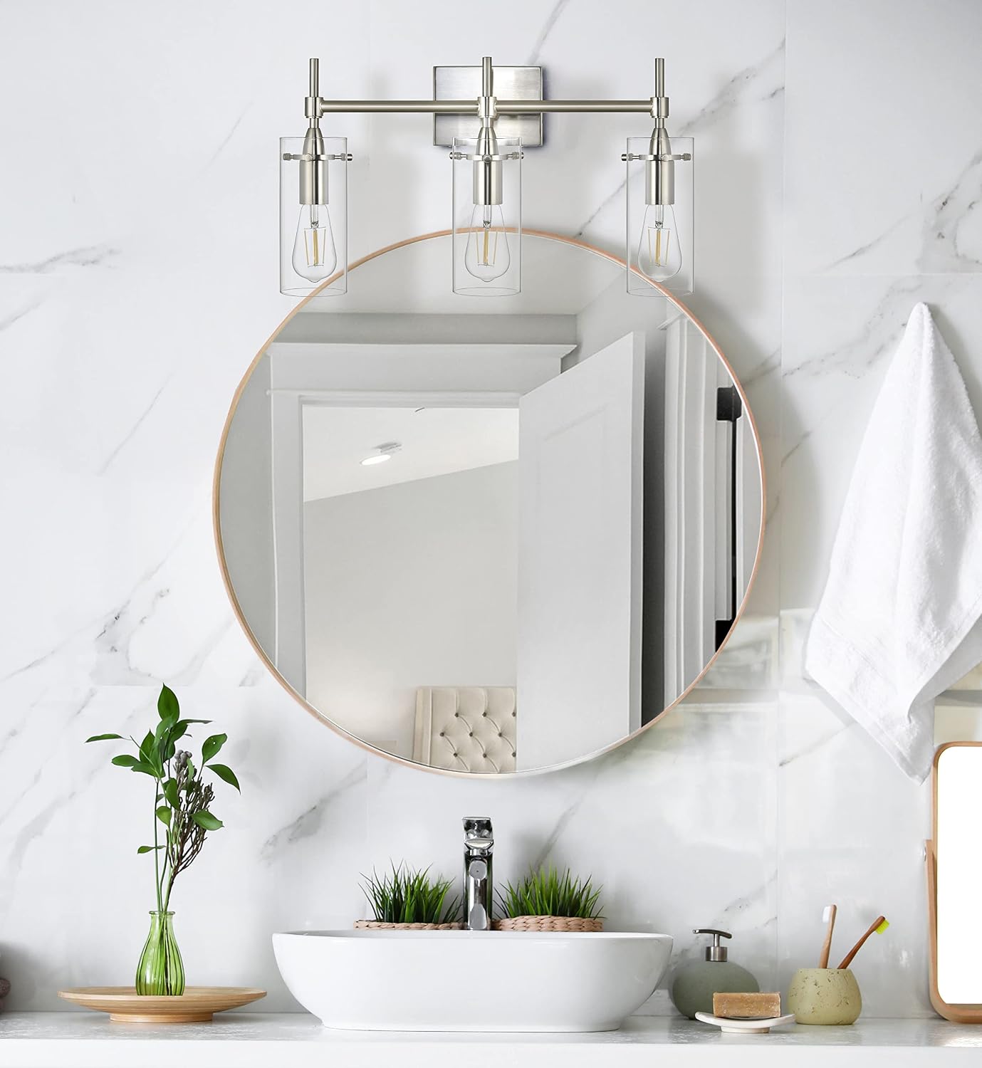Linea di Liara Effimero Modern Farmhouse Bathroom Vanity Lights Fixtures 3 Lights Over Mirror Brushed Nickel Vanity Lights For Bathroom Light Fixtures Industrial Lighting Clear Glass Covers, UL Listed
