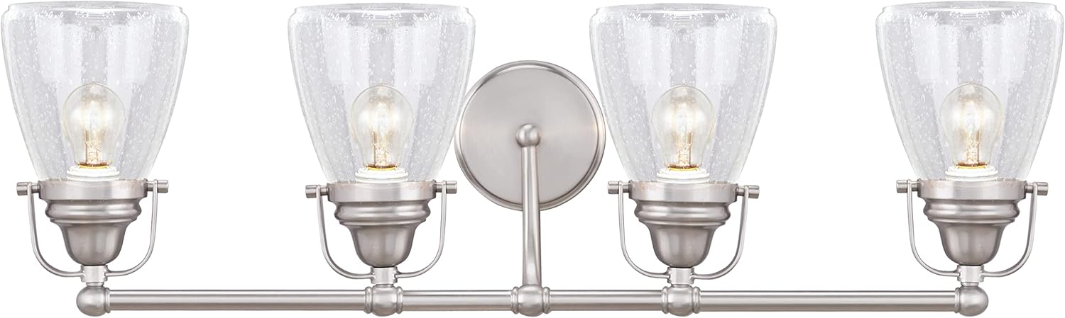 Aspen Creative 62100, Four-Light Metal Bathroom Vanity Wall Light Fixture, 32 1/2' Wide, Transitional Design in Brushed Nickel with Clear Seedy Glass Shade