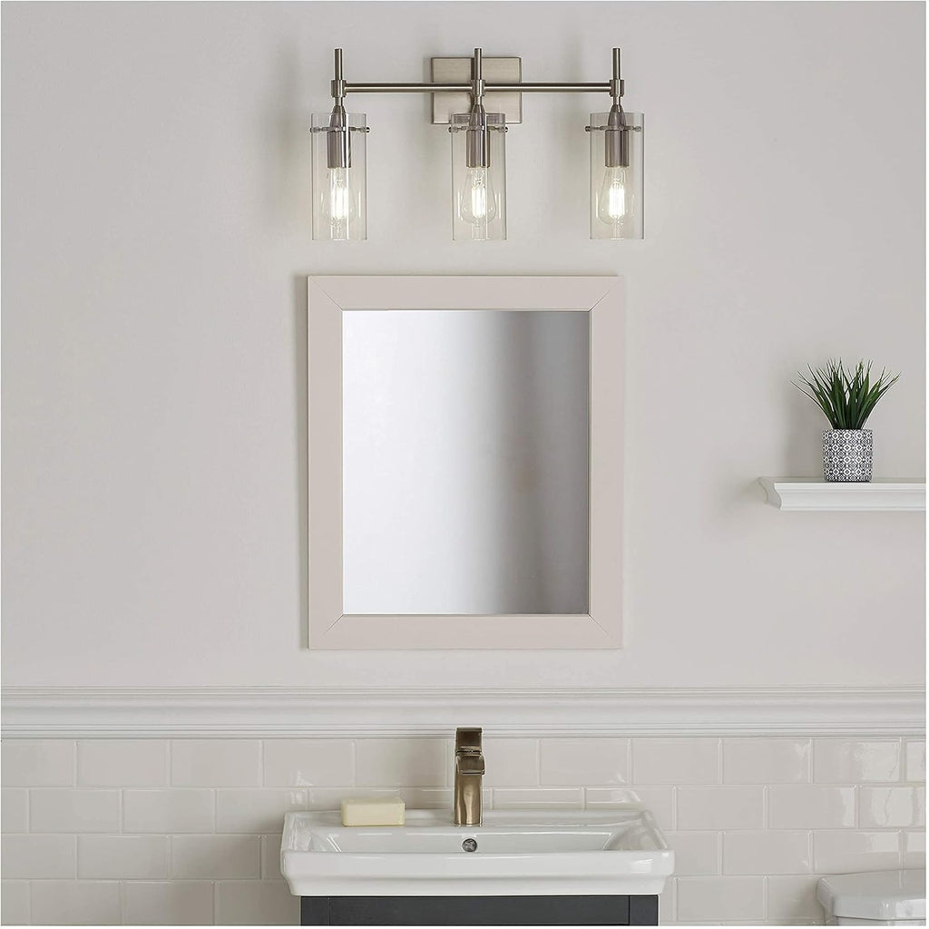 Linea di Liara Effimero Modern Farmhouse Bathroom Vanity Lights Fixtures 3 Lights Over Mirror Brushed Nickel Vanity Lights For Bathroom Light Fixtures Industrial Lighting Clear Glass Covers, UL Listed