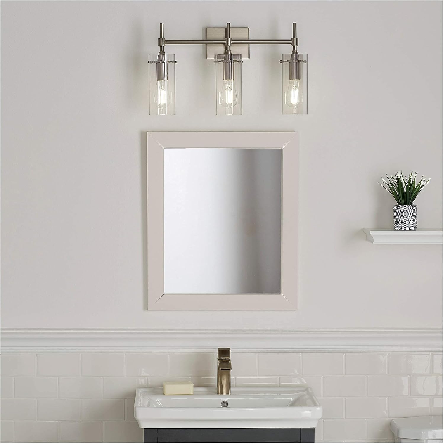 Linea di Liara Effimero Modern Farmhouse Bathroom Vanity Lights Fixtures 3 Lights Over Mirror Brushed Nickel Vanity Lights For Bathroom Light Fixtures Industrial Lighting Clear Glass Covers, UL Listed