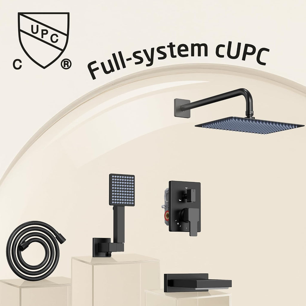 KES Black Bathtub Shower Faucet Set with 12' Rectangle Rain Shower Head, Shower System with 3-Modes Handheld Spray and Waterfall Tub Spout, cUPC Anti-Scald Valve included, XB6336S12-BK