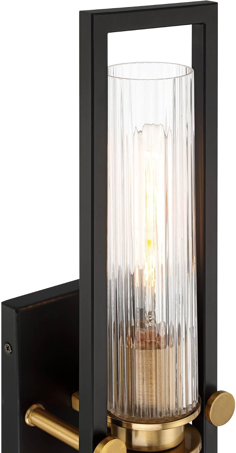 Stiffel Ramos 24' High Modern Art Deco 2 Light Wall Sconce Light Lamp Fixture Mount Bathroom Bedroom Bedside Living Room Hardwired Cordless Matte Black Antique Brass Glass Shade Indoor Kitchen