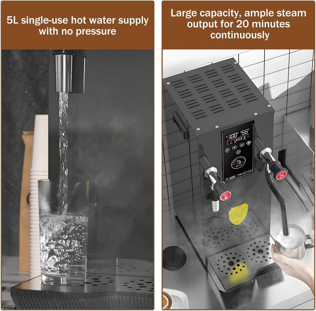 Coffee Foam Machine Steamer 2500W 12L Step-Heating Electric Hot Water Dispenser Countertop with Removable Drip Tray, for Rapid Serving in Restaurant, Boba Tea Shop Silver-110V