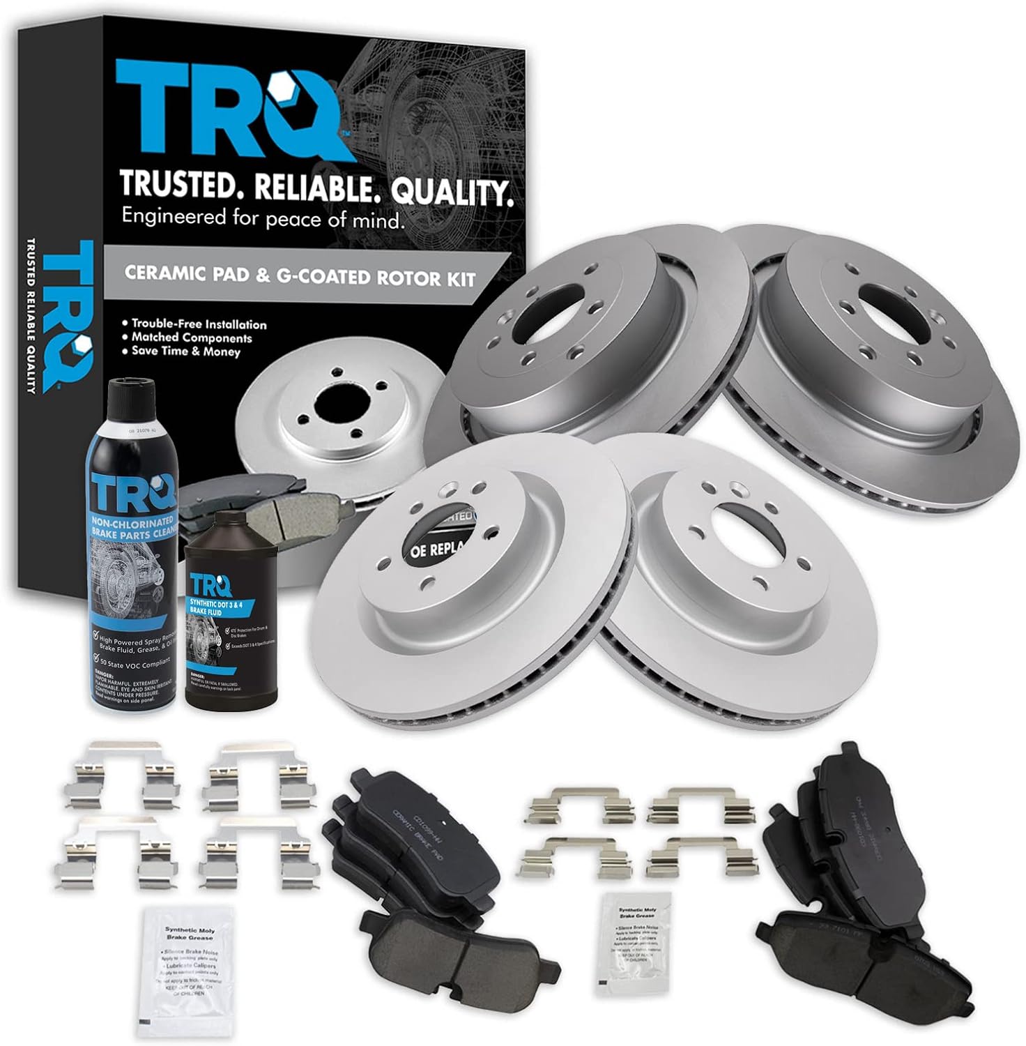 TRQ Front and Rear Brake Pad & Rotor Kit, with Chemical Kit Ceramic Premium G-Coated Compatible with 2005-2009 Land Rover LR3 2006-2009 Range Rover Sport