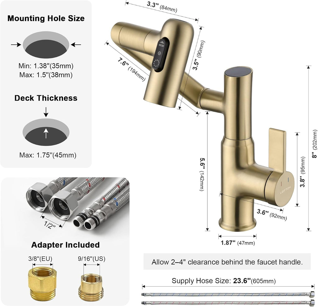 Lefton Rotatable Bathroom Faucet with Temperature Display in Fahrenheit (Batteries-Free), 3 Water Modes, Brushed Gold, BF2204-6