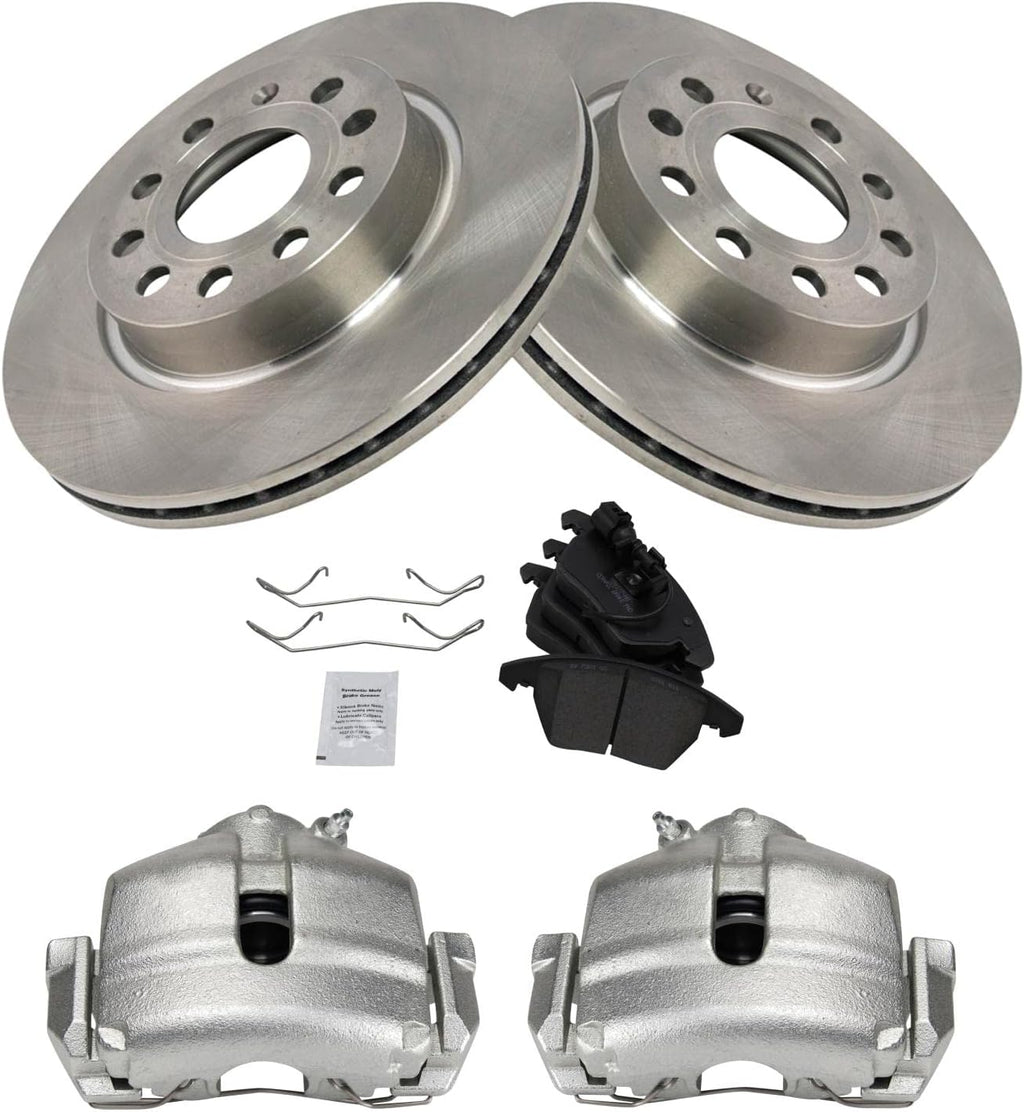 TRQ Front Brake Pad and Rotor Set Ceramic Rotors Calipers Hardware Compatible with 2013 Volkswagen GTI 2011 Jetta