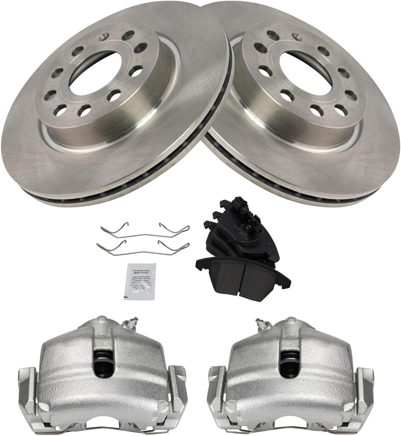 TRQ Front Brake Pad and Rotor Set Ceramic Rotors Calipers Hardware Compatible with 2013 Volkswagen GTI 2011 Jetta