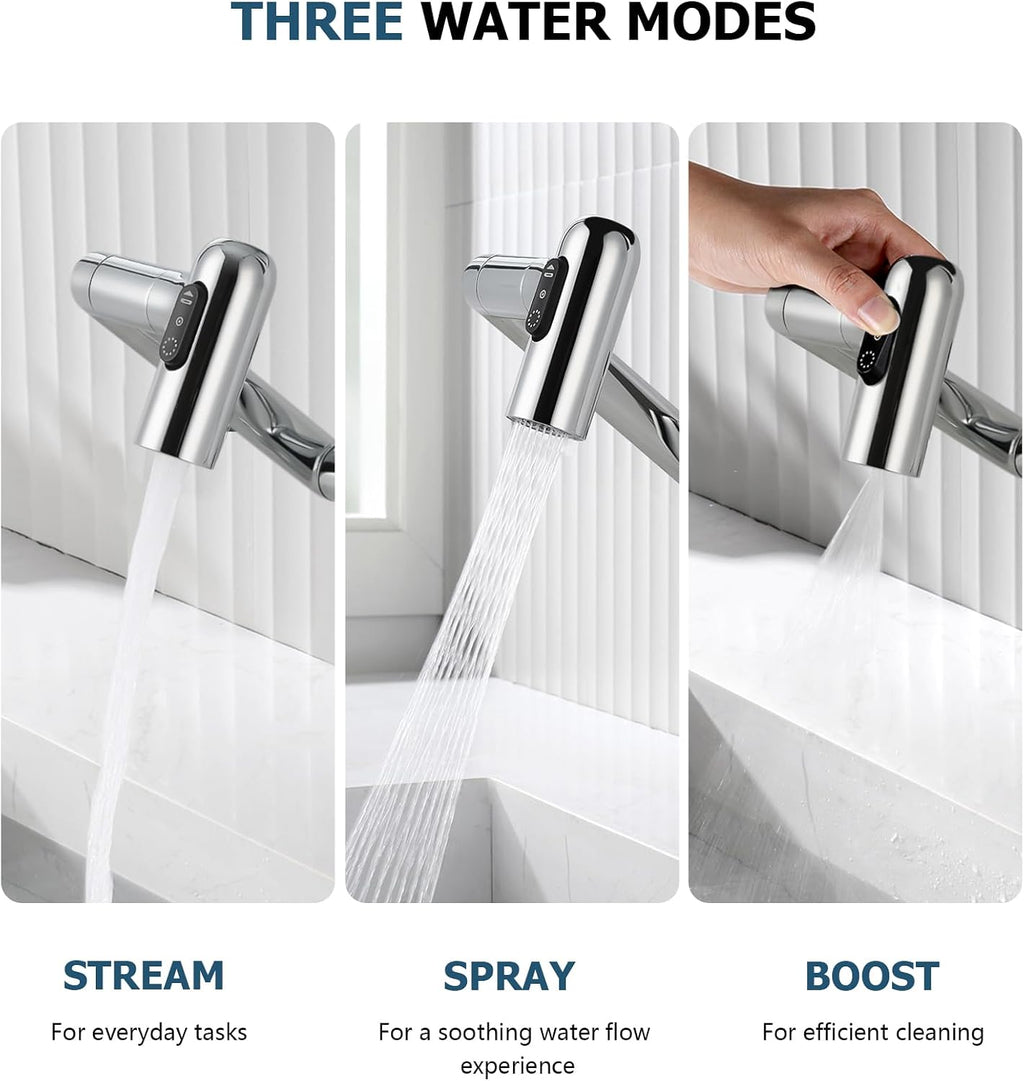 Lefton Rotatable Bathroom Faucet with Temperature Display in Fahrenheit (Batteries-Free), 3 Water Modes, Chrome, BF2204-1