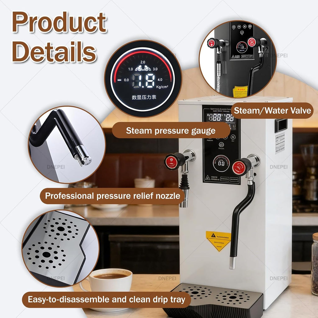 12L/3.2Gal Commercial Automatic Milk Frother, 2500W Electric Countertop Water Dispenser,Stainless Steel Boiler for Boba Tea, Hotel, Restaurant, Office Use White-110V