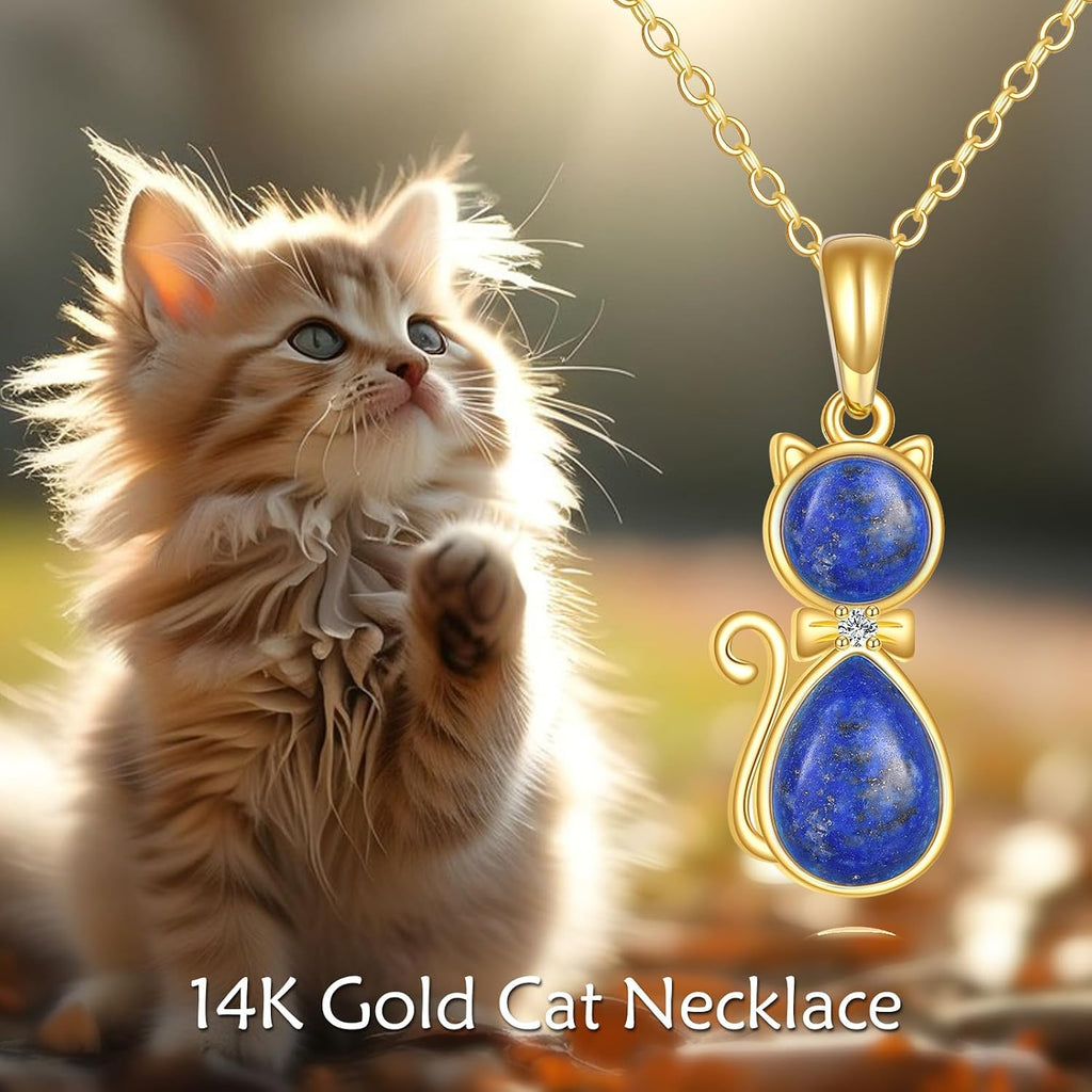 DOVRAN 14K Solid Gold Cat/Butterfly/Heart/Teardrop Necklace for Women 14K Gold Opal/Lapis Lazuli/Black Onyx Pendant Jewelry Gift for Women