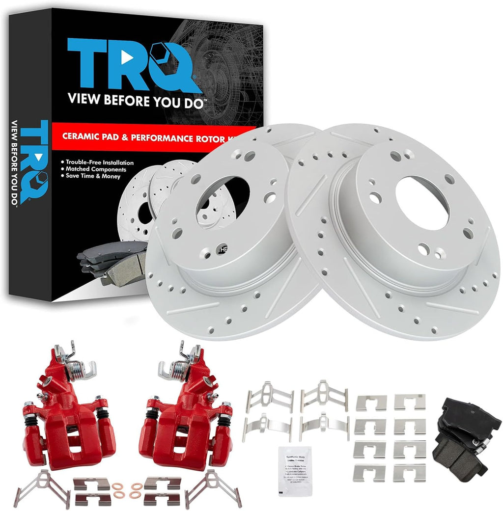 TRQ Performance Rear Brake Pad and Rotor Set Ceramic Coated Slotted Drilled Rotors Calipers Red Compatible with 2004-2008 Acura TSX 2003-2007 Honda Accord
