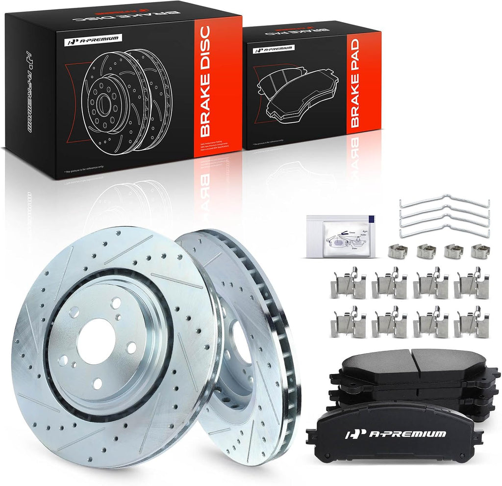 A-Premium 12.91 inch (327.91mm) Front Drilled and Slotted Disc Brake Rotors + Ceramic Pads Kit Compatible with Select Lexus and Toyota Models - NX200t, NX300, NX300h, RX350, RX450h, Highlander, Sienna
