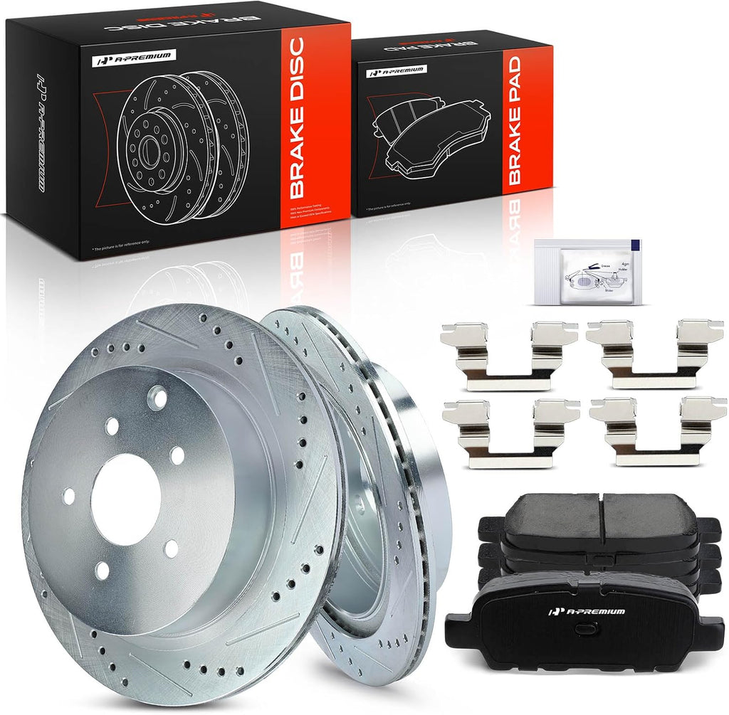 A-Premium 12.13 inch (308.10mm) Rear Drilled and Slotted Disc Brake Rotors + Ceramic Pads Kit Compatible with Select Infiniti and Nissan Models - FX35, Q50, QX70, JX35, M35H, M37, M56, Q60, Murano